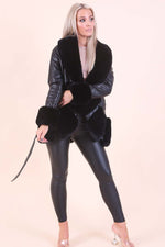 Black Faux Leather Coat With Fur Trim