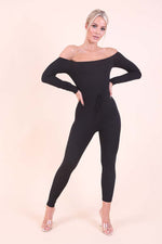 Black Ribbed Bardot Jumpsuit
