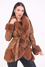 Brown Faux Leather Coat With Fur Trim