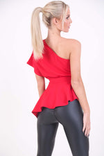 Red One Shoulder Asymmetric Blouse