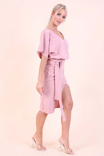 Pink Wrap Side Split Midi Dress