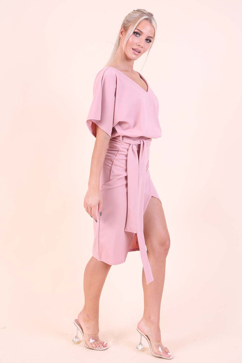 Pink Wrap Side Split Midi Dress