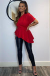 Red One Shoulder Asymmetric Blouse